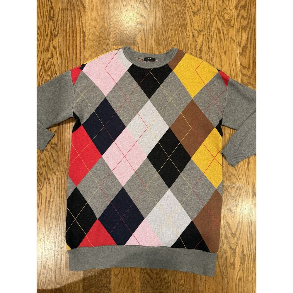 Ruti Argyle Women's Sweater Dress Size Small Multicolor Long Sleeve Crew Neck - Picture 3 of 9